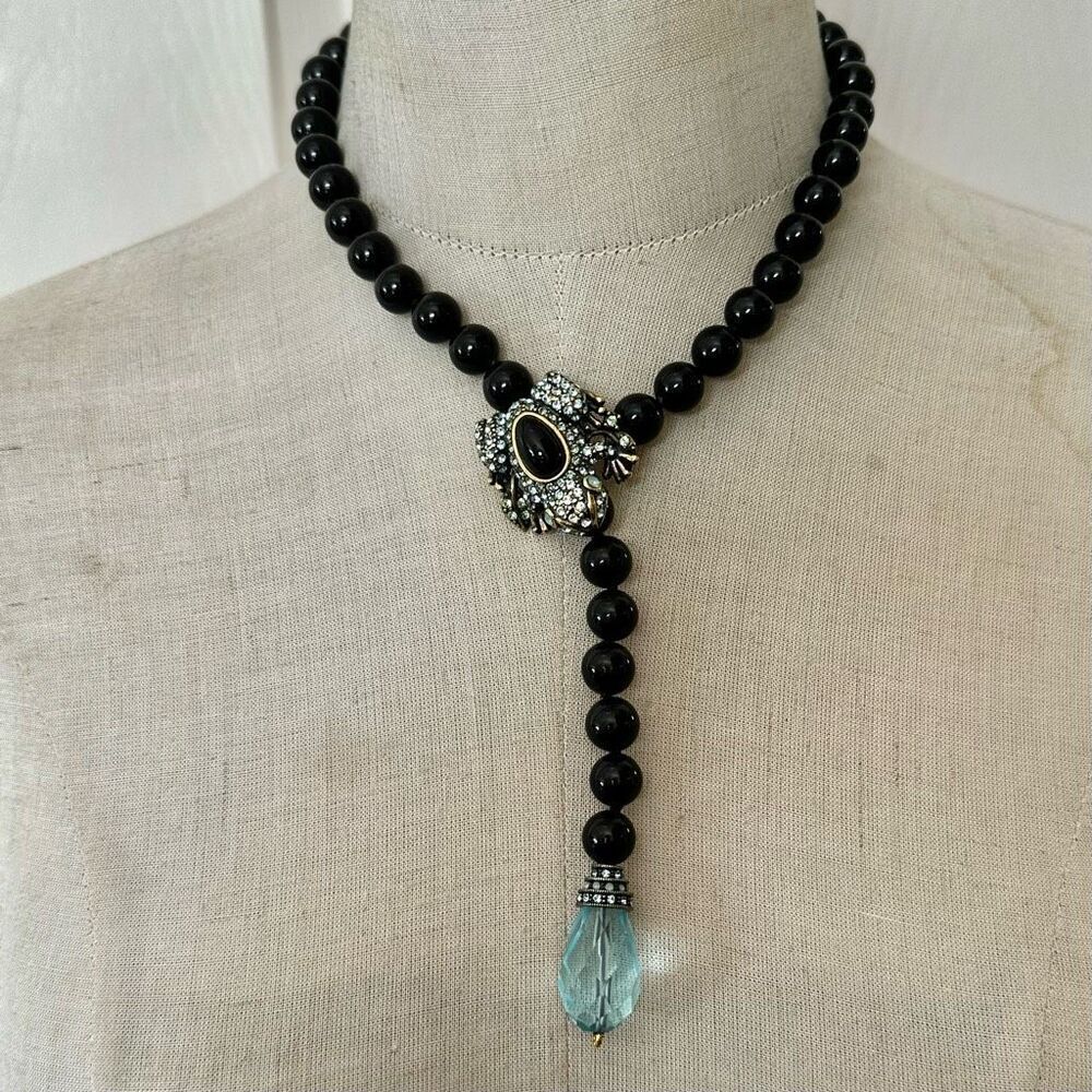 Heidi Daus Crystal Frog Necklace with Aqua Drop & Black Beads